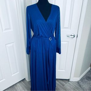 ❄️ Blue Glitter Fantasy Gown Long Maxi Dress w Adjustable Rhinestone Belt Sz 14